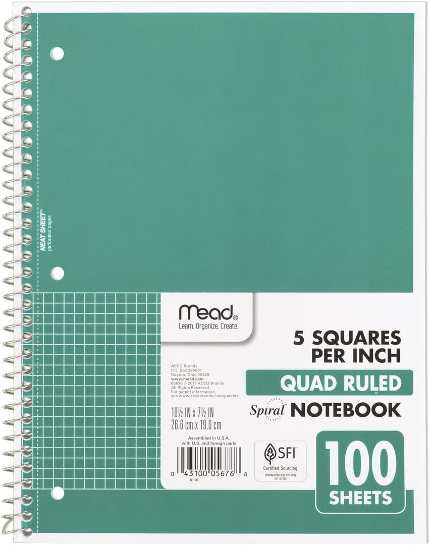 Mead Spiral Notebook, 1 Subject, Graph Ruled Paper, 7-1/2" x 10-1/2", 100 Sheets, Green (05676AC5)
