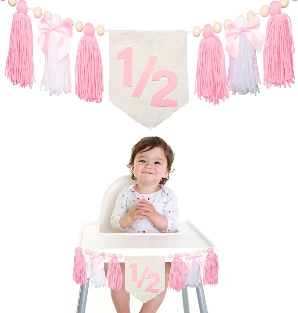 Pink Bow 1/2 Birthday Decorations Girls, Dokuna High Chair Banner Half Birthday Outfit Baby Girl, 6 Months Half Way to One Party Decorations