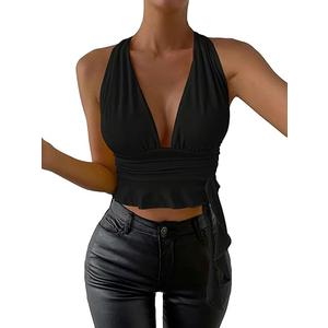 SOLY HUX Women's Sexy Deep V-Neck Halter Crop Top Summer Beach Vacation Clothes Y2K Trendy Tank Top for Going Out Party (Medium, Plain Yellow)
