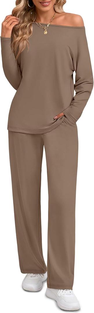 Ficerd 2 Piece Lounge Set for Women Fall Long Sleeve Outfits off Shoulder Tops Wide Leg Pants Pockets Casual Tracksuits Sets (Small, Khaki)