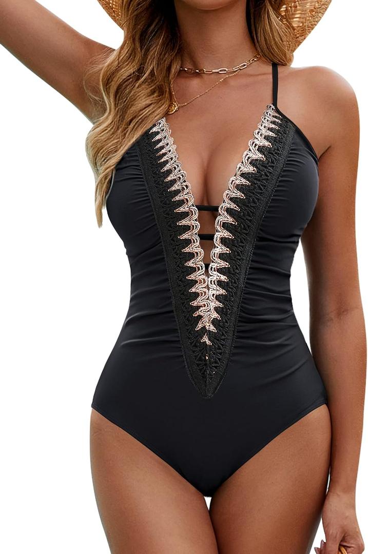 BMJL Women's Sexy One Piece Swimsuit Ruched Tummy Control Bathing Suit Plunge Color Block Swimwear (Medium, Black)