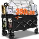 Collapsible Folding Wagon, 350lb Weight Capacity Collapsible Wagon with All-Terrain Wheels, Cup Holders and Adjustable Handle Utility Wagon, for Grocery Camping Garden Sports Shopping, Black (100L)