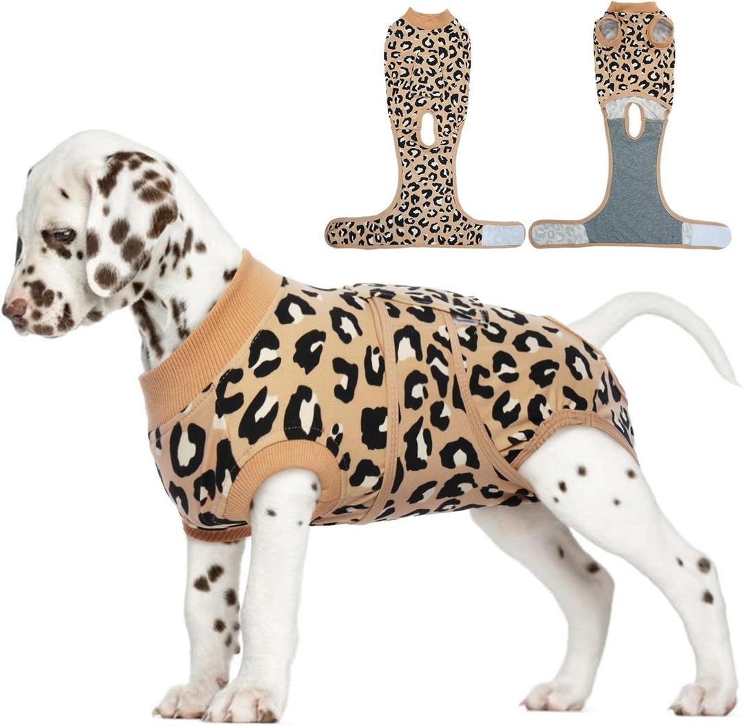 FUAMEY Recovery Suit for Dogs After Surgery,Soft Breathable Dog Bodysuit E-Collar & Cone Alternative Surgical Suit,Male Female Dog Neuter Spay Suits Anti Licking Wounds Onesie Brown Leopard XS (XS (Back:8.3-11.4'', Weight:4-7 LB))
