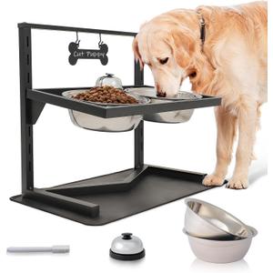 Grand Line Elevated Dog Bowls - 7 Height Adjustable, 10 Tilted Raised Stand With Spill Proof Mat, Two 1.5L Stainless Steel Food Water Bowls for Large Medium Small Dogs (15.4" H)