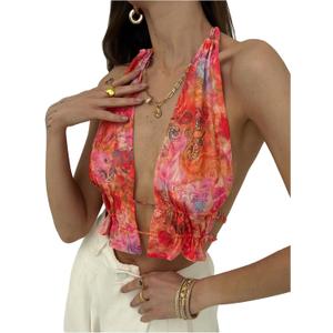 GORGLITTER Women's Floral Halter Top Y2k Mesh Ruffle Tie Backless Sleeveless Going Out Crop Tops (M)