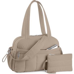 TOPDesign Travel Duffel Bag for Women, Puffer Gym Bag Sports Tote with Wet Pocket, Carry On Weekender with Luggage Sleeve (Camel)