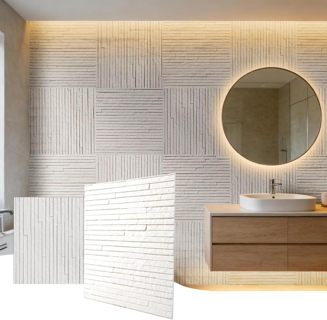 4 x 2 Pcs 3D White Faux Stone Wall Panels, 11.8' x 11.8' x 0.2'', Inorganic Modified Clay, Suitable for Indoor/Outdoor Wall Decor, Living Room TV Backdrop, Bedroom, Kitchen (1.94 sq. ft.)