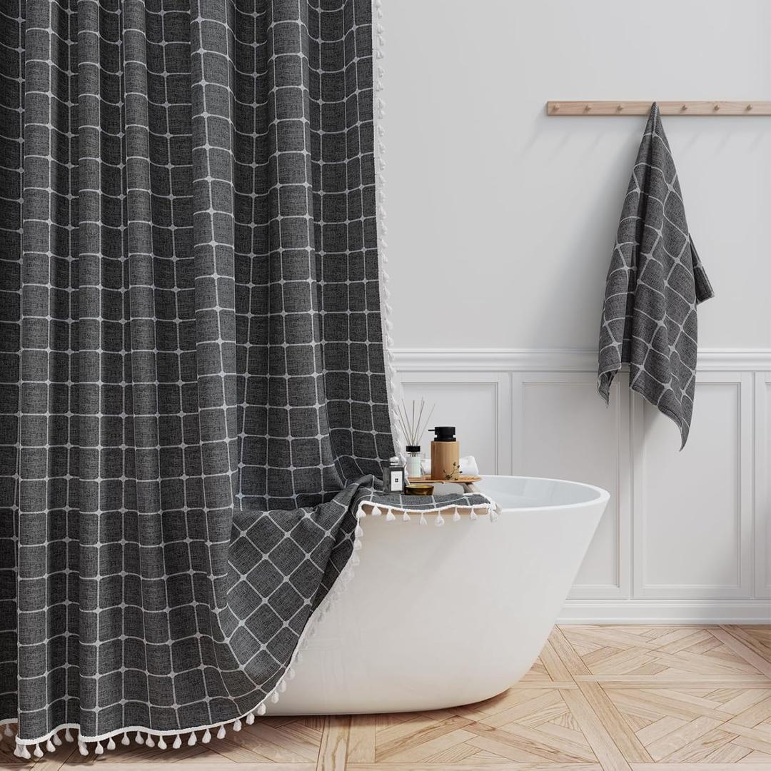 BTTN Extra Long Shower Curtain - 72x96 Inch Long Boho Chic Linen Fabric Heavy Duty Shower Curtain Set with Hooks, Tall Bohemian Farmhouse Shabby Chic Shower Curtains for Bathroom - Charcoal Grey/Gray