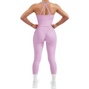 SUUKSESS Women 2 Piece Workout Sets Compression Tummy Control Leggings with Pockets Halter Built in Bra Tank Tops (Pink, M)