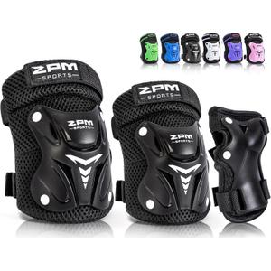 2PM SPORTS Knee Pads for Kids, Wrist Guards Knee and Elbow Pads Set with Drawstring Bag, Protective Gear Set for Girls Boys Roller Skating Cycling Skateboard (Medium, Black)