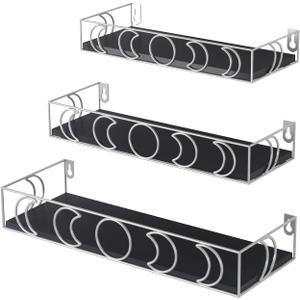PHAREGE Moon Phase Floating Shelves Black Silver, Set of 3 Small Decorative Wall Shelves for Book Plant Storage, Crystal Figurine Collectibles Display Shelf for Bedroom Kid Room