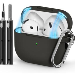 Ljusmicker for AirPods 4 Case 2024 with Cleaner Kit,Soft Silicone Protective Cover for Apple AirPods 4th Generation Cases for Women Men,for AirPod 4 Case Accessories with Keychain-Magnetic Black