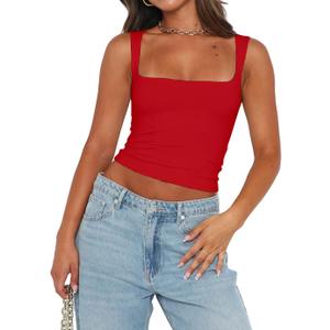 Chifeey Womens Sexy Crop Top Summer 2025 Square Neck Sleeveless Double Layer Going Out Tank Tops (Medium, Big Red)