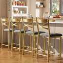 22" Bar Stools Set of 4, Counter Height Bar Stools with PU Upholstered Seat, Metal Frame Kitchen Bar Chairs with X-Design Back and Footrest for Kitchen Island, Counter Bar, Dining Room, Gold
