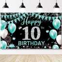 10th Birthday Banner Backdrop, Happy 10th Birthday Decoration For Girls, Fabric 10 Year Old Birthday Party Photo Props Yard Sign Background Decor Supplies, Indoor Outdoor (Teal Blue Silver) (6.1ft x 3.6ft)
