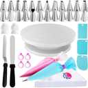 Riccle 88 pcs Cake Decorating Kit with Cake Turntable - Includes 50 Disposable + 2 Reusable Piping Bags and Tips Set, 24 Icing Piping Tips, 2 Spatulas, 3 Icing Comb Scraper, Baking Supplies (White)