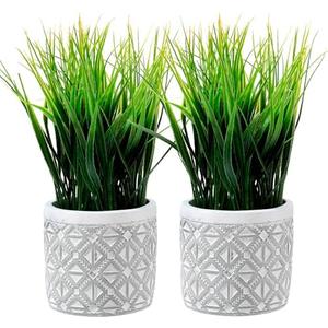 MyGift Artificial Grass Plant in Modern Gray Concrete Pot with Geometric Embossed Pattern, Tabletop Faux Greenery in Decorative Round Cement Planter, Set of 2