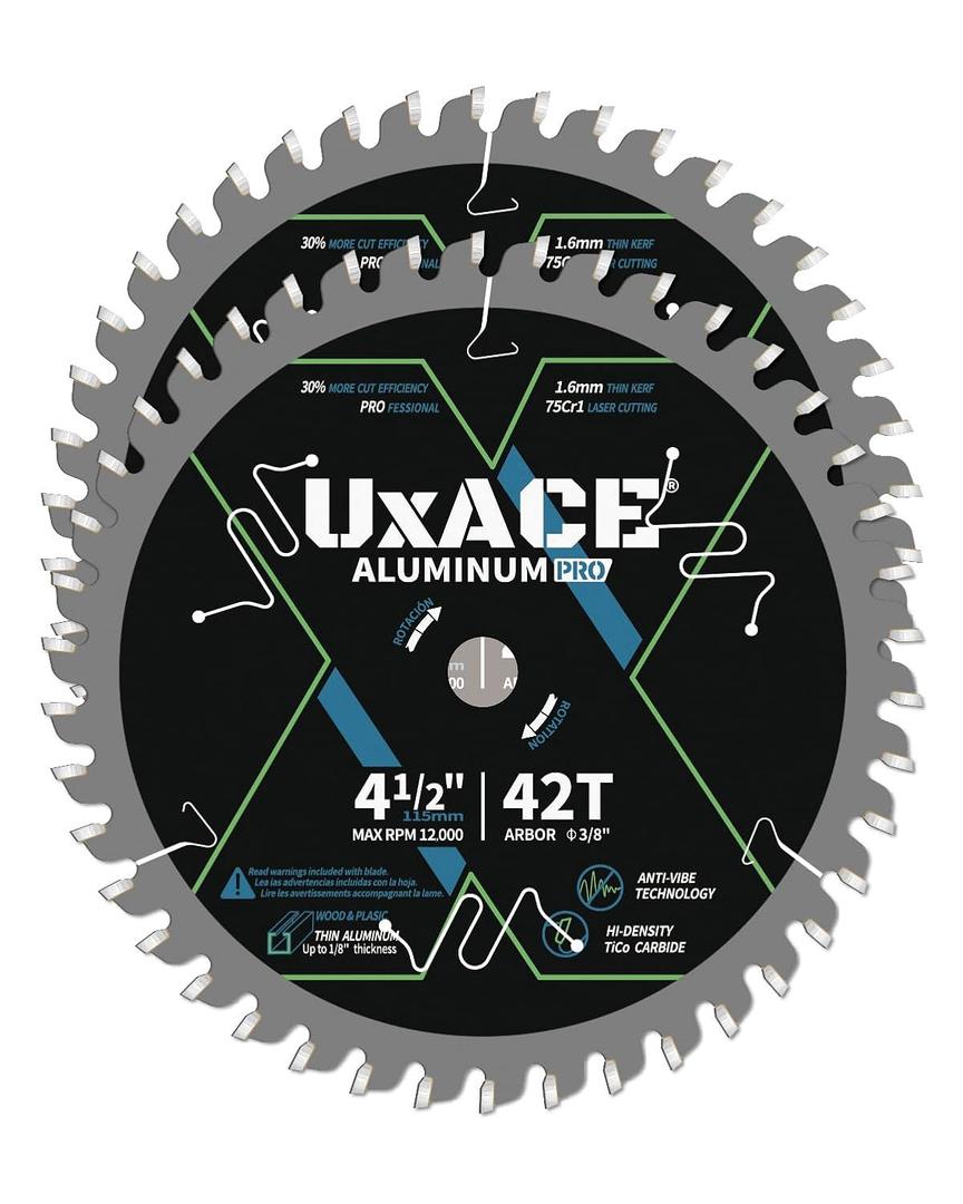 4-1/2-Inch 42-Tooth Circular Saw Blade, 3/8-Inch Arbor, Aluminum, Non-Ferrous Metal Cutting Blade, Carbide Tip, Thin Kerf, for Thin Aluminum, Plastic, Composite, 2 Pack