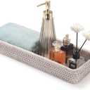Rattan Bathroom Vanity Tray, Toilet Tank Basket Tray for Paper Hand Towel, Bathroom Counter Tray for Organizing and Decor (Whitewash, 16.3" x 6.1" x 2")