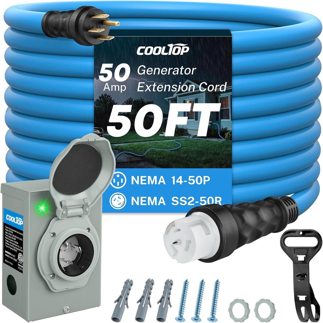 COOLTOP 50 Amp Generator Cord and Power Inlet Box Kit, 50FT Extension Cable STW 6/3+8/1 AWG Generator Cord 125/250V NEMA 14-50P to SS2-50R Pre-Drilled Inlet Box Waterproof Combo Kit, ETL Listed