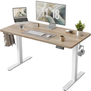 TIQLAB Height Adjustable Electric Standing Desk, 47 x 24 inch, Sit Stand Up Desk, Splice Board, Computer Home Office Desk, White Frame/Maple Top