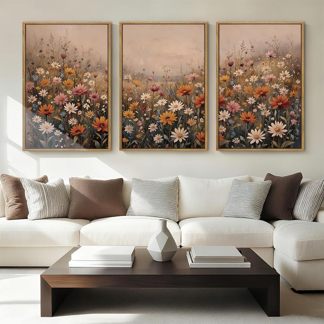 IARTTOP Extra Large Wildflower Framed Wall Art 24x36 Inch Set of 3 Vintage Botanical Art Prints Calming Nature Floral Landscape Wall Decor for Living Room Dining room Bedroom