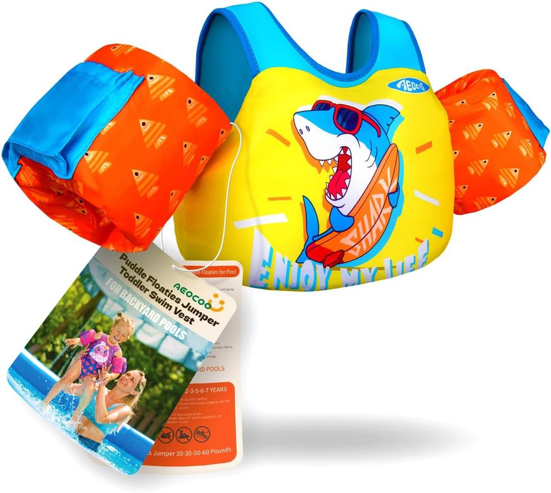 AEOCOO Puddle Float Jumper 20-30-50-60-70 Pounds, Toddler Swim Vest for 1-3-5-6-9 Years Old, Pool Floats with Swimming Arm Floaties Swim Jacket & Water Wings for Kids Swimmies, Boys, Girls, Nios, Fit 1-3-5 Years, 20-30-50 Pounds