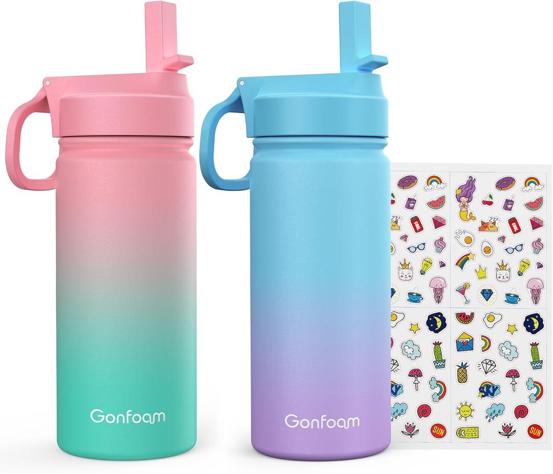 Kids Water Bottle, 2-Pack 16oz Kids Water Bottle with Stickers for School, insulated Stainless Steel Straw Cup(Pink+Blue)