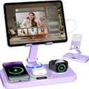 30W Charging Station for Apple Products, Foldable Wireless Charger with Clock Display&7 Color Light, Wired Charging for iPad/Tablet Charging Station for iPhone17, for Apple Watch11 for AirPods4(Purple