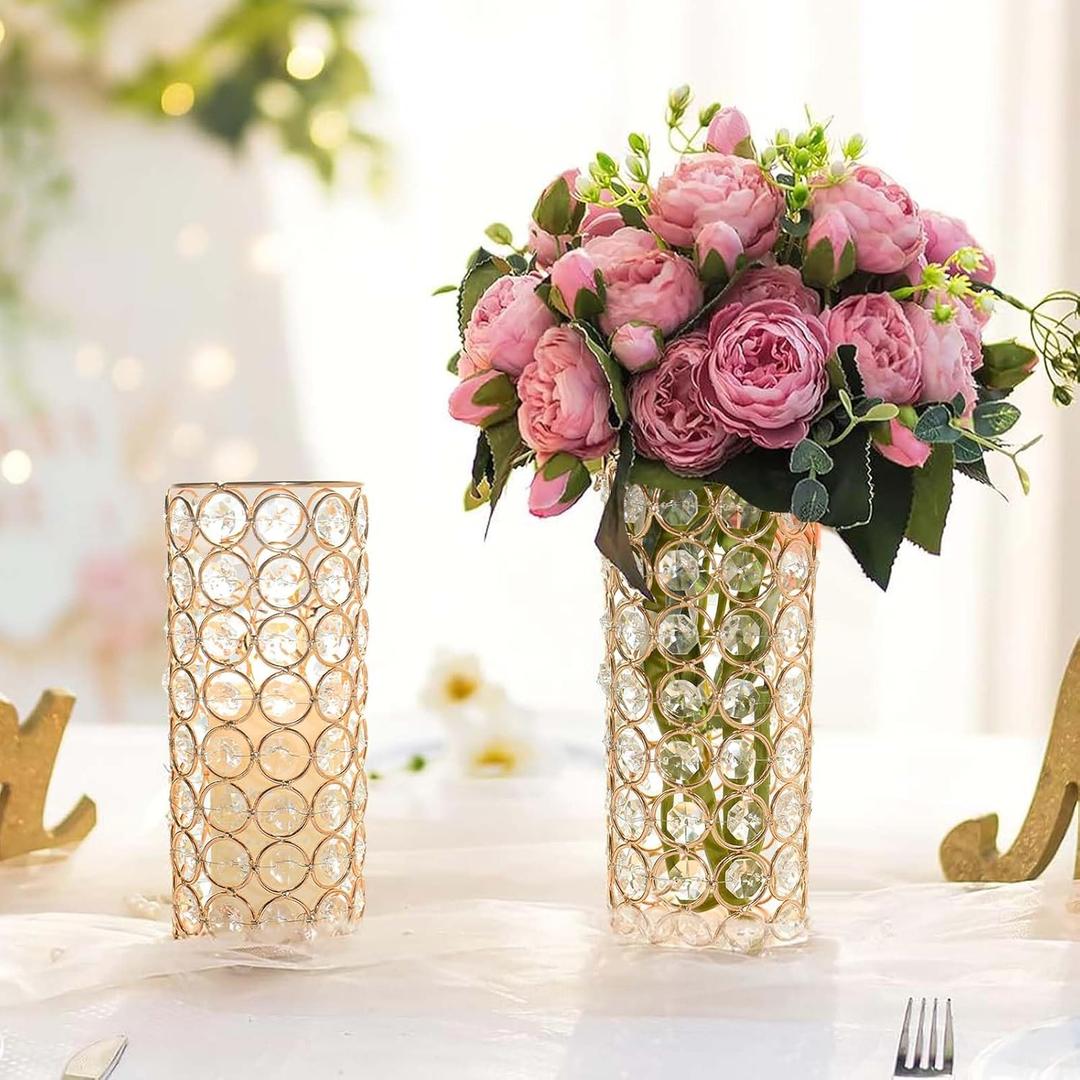 Elegant Crystal Column Vase/Pillar Candle Holder Set, Cylinder Flower Display Tabletop Centerpiece for Weddings & Home Decor (2, Gold)