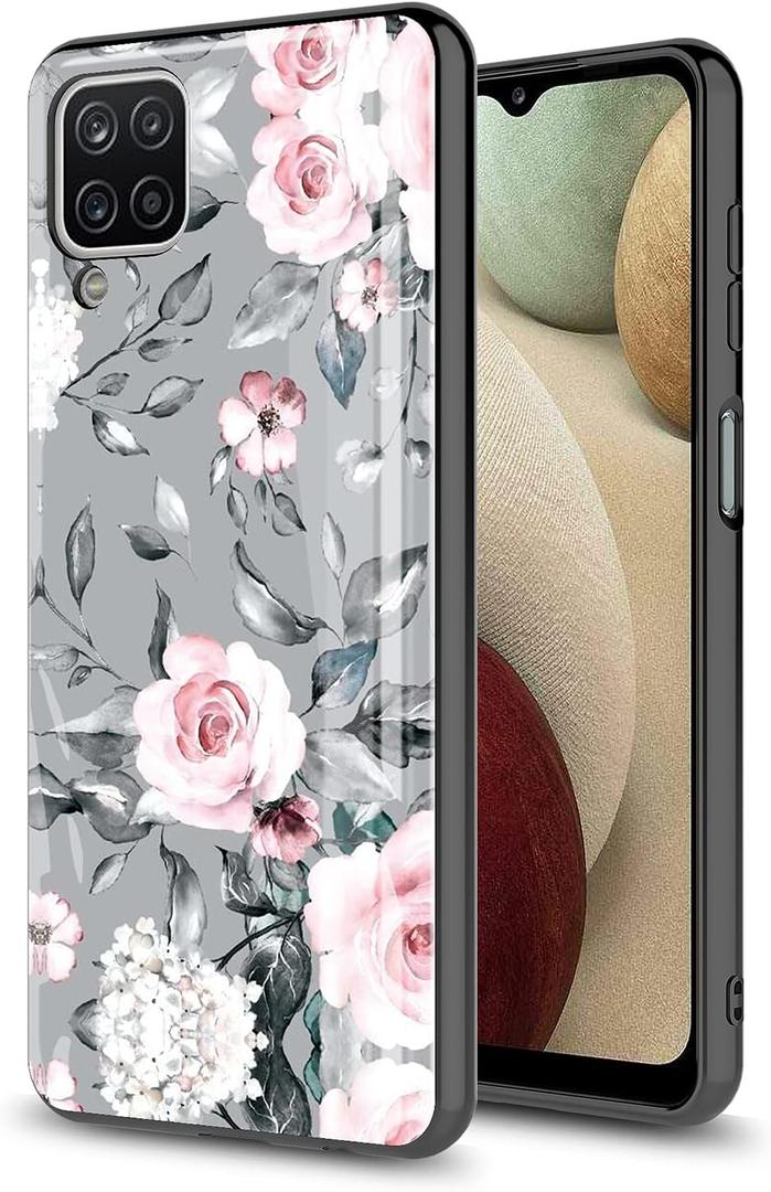 Phone CASE for Samsung Galaxy A12 Case/A12 5G/SM-A125, Slim Art Graphic Design Anti-Scratch Shook-Proof Hybrid PC TPU Bumper Armor Cute Girl Women Drop Protective Cover Grey White Pink Flower
