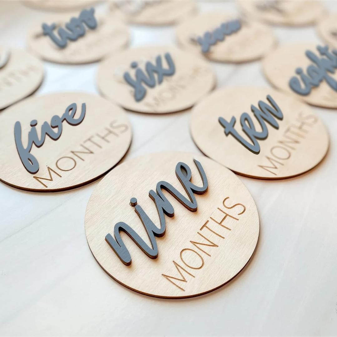 Baby Monthly Milestone Markers Disc, Wooden 3D Milestone Cards for Photos, Baby Announcement Sign,Slate Blue, 1-12 Months, 4 Inches in Size, Pack Of 6