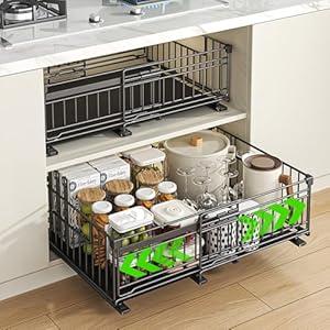REALINN 2 Pack Pull Out Cabinet Organizer, Expandable(12"-20") Slide Out Drawers 3 Slide Rails Fix with Adhesive or Screw, Roll Out Shelves for Kitchen Cabinet Organization, White, 6.75in height