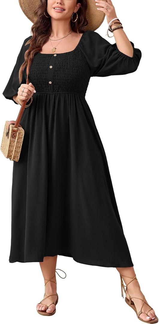 SHESTARR Women's Plus Size Casual Dresses Square Neck Button Up Smocked 3/4 Puff Sleeve Empire Wasit A-line Flowy Midi Dress (Black, XXL)