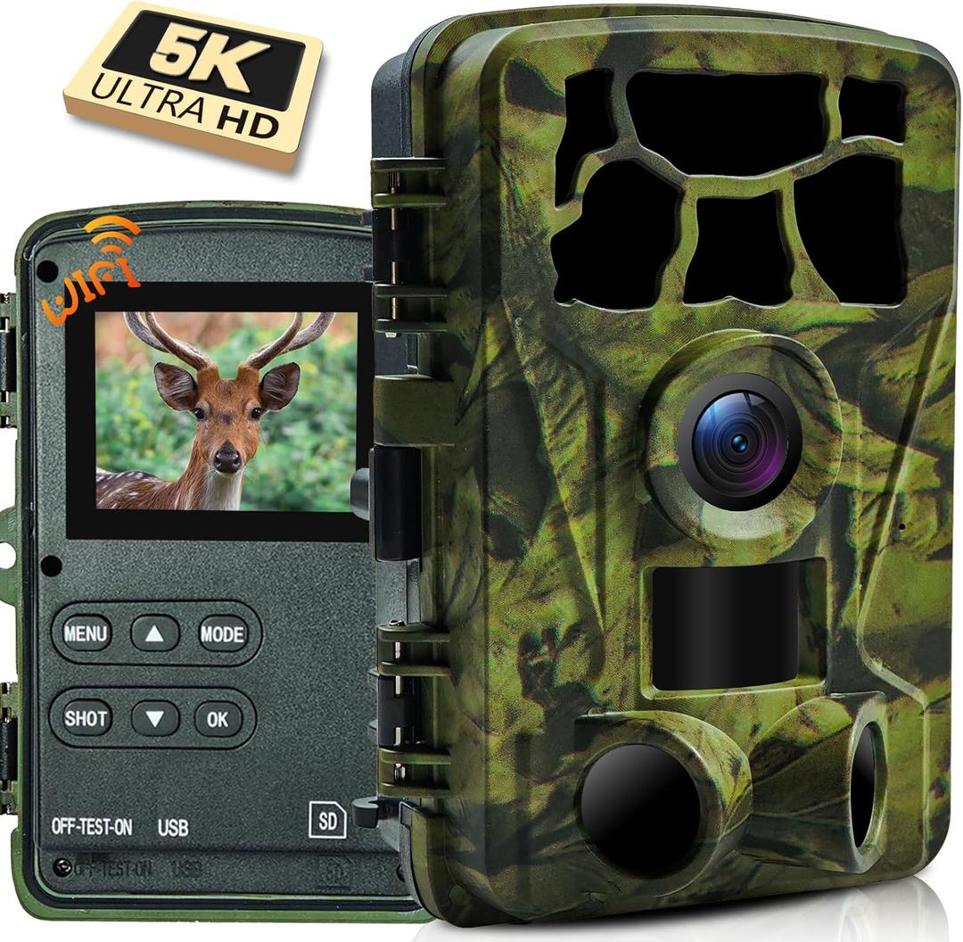 5K Trail Camera, WIFI 60MP Camera, 64GB SD Card, APP Control, Night Vision for Outdoor, Monitoring Game Cameras for Wildlife, Motion Activated 0.2s, IP66 Waterproof, 120Wide Angle, H.264 MP4 Video