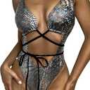 Women's Metallic Snakeskin One Piece Swimsuits Rave Outfit Bathing Suits, Medium, Silver