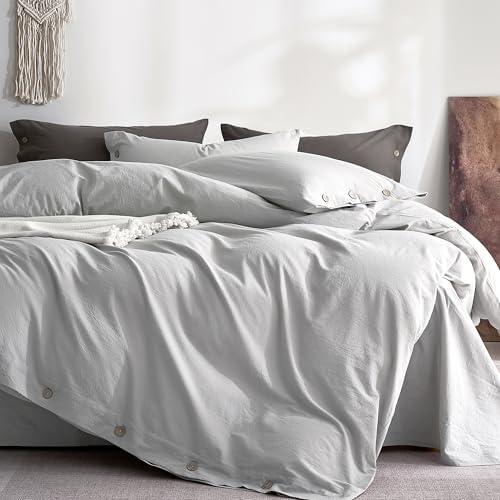 JELLYMONI 100% Washed Cotton Duvet Cover Full – Soft, Breathable Linen-Look Bedding with Natural Wrinkle Texture, Button Closure, 3-Piece Set (Pale Grey, 80"x90")