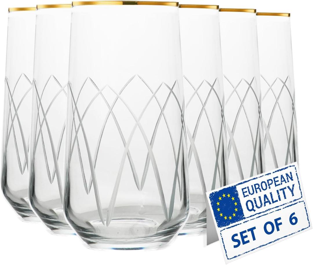 Mat Cut Glass Gold Rimmed Highball Glasses Set of 6, Handmade Tall Glass Cups for Cocktail, Long Drink, Water, Juice, Ice Tea, Mojito, 16 oz (Grass)