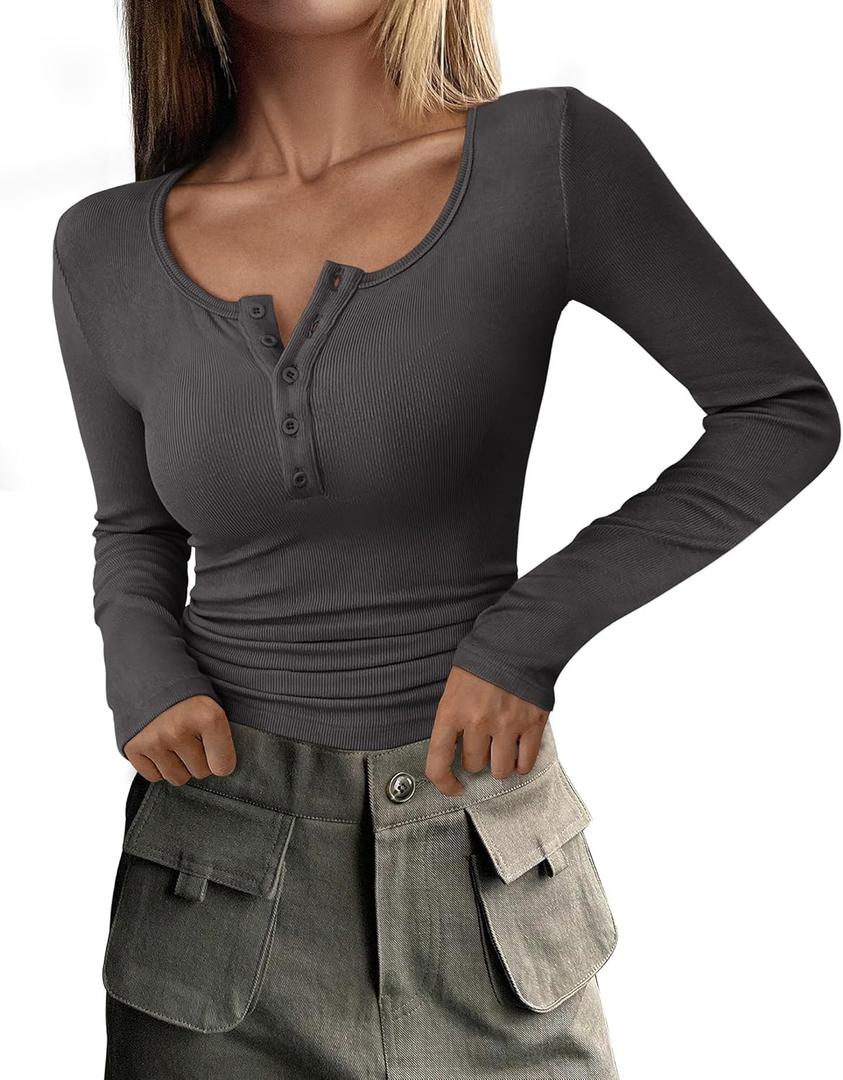 PRETTYGARDEN Women's 2025 Summer Fall Long Sleeve Henley T Shirts Button Ribbed Knit Slim Fit Casual Basic Tops Blouse (X-Large, Dark Grey)