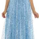 Women's Sleeveless Embellished V Neck Lace Back Tulle Gown (Blue), Size 9-10
