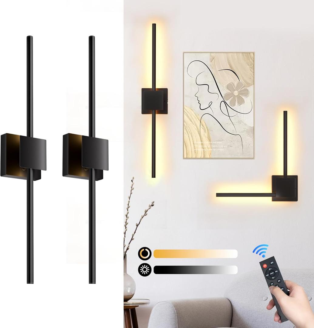 Battery Operated Wall Sconces Set of 2,  12000mAh Rotatable Picture Lights with Remote Control, Dimmable 30006500K LED Rechargeable Wall Lights for Living Room Bedroom Mirror, 28.3In