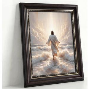 Dark Brown Framed Jesus Walks On Water Canvas Wall Art Jesus walking on water back view Wall Decor Picture Christian Bible Stories Poster Print painting for Living Room Bedroom Church Decoration 36"L x 24"W-Canvas