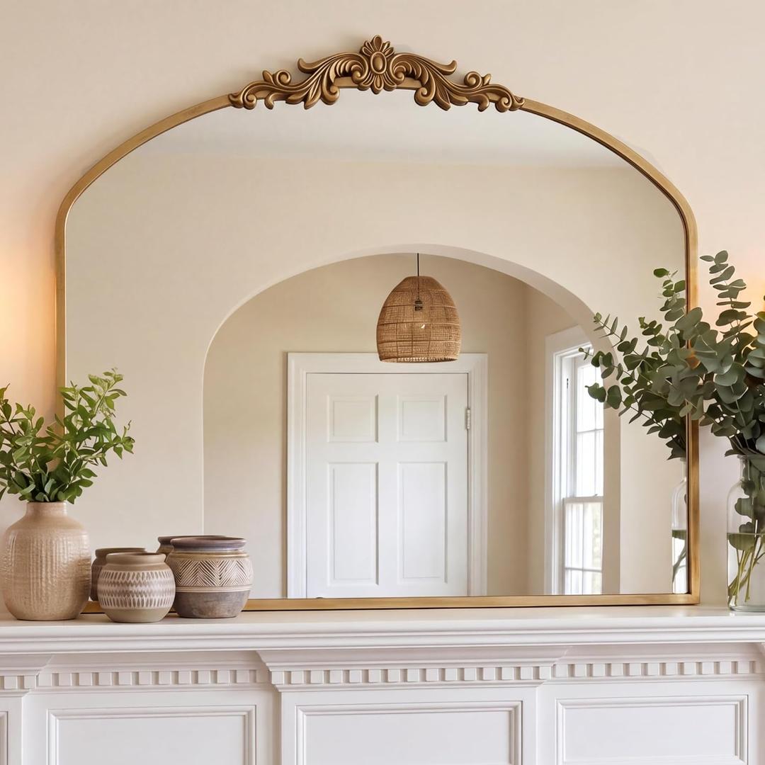 PERFNIQUE Vintage Mirror, 36" X 30" Arched Antique Baroque Mirror, Gold Traditional Wall Decor, Ornate Decor Anthro Look Alike Decor for Bathroom Living Room Fireplace Entryway Hallway