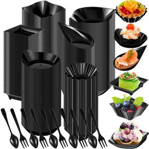 Tessco 1200 Pcs Mini Appetizer Plates Set Including 600 Pcs 6 Shapes Disposable Mini Dessert Cups 300 Spoons 300 Forks for Party Wedding Pudding Ice Cream(Black)