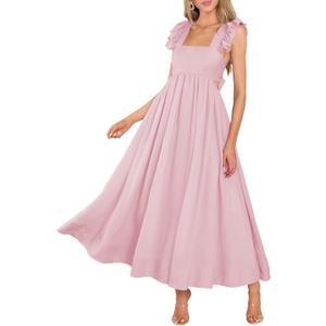 MITILLY Women's Summer Flutter Sleeve Square Neck Tie Back Casual Pleated A-Line Flowy Maxi Dress with Pockets (Medium, Pink)