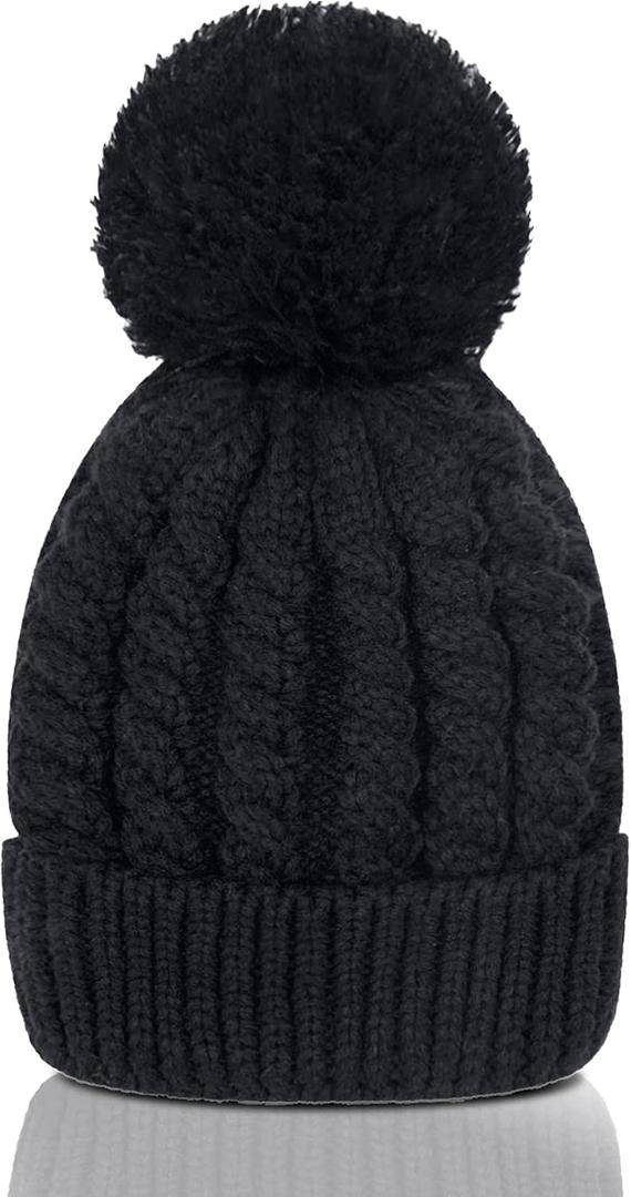 Women's Winter Beanie Warm Fleece Lining - Thick Slouchy Cable Knit Skull Hat Ski Cap (Black)