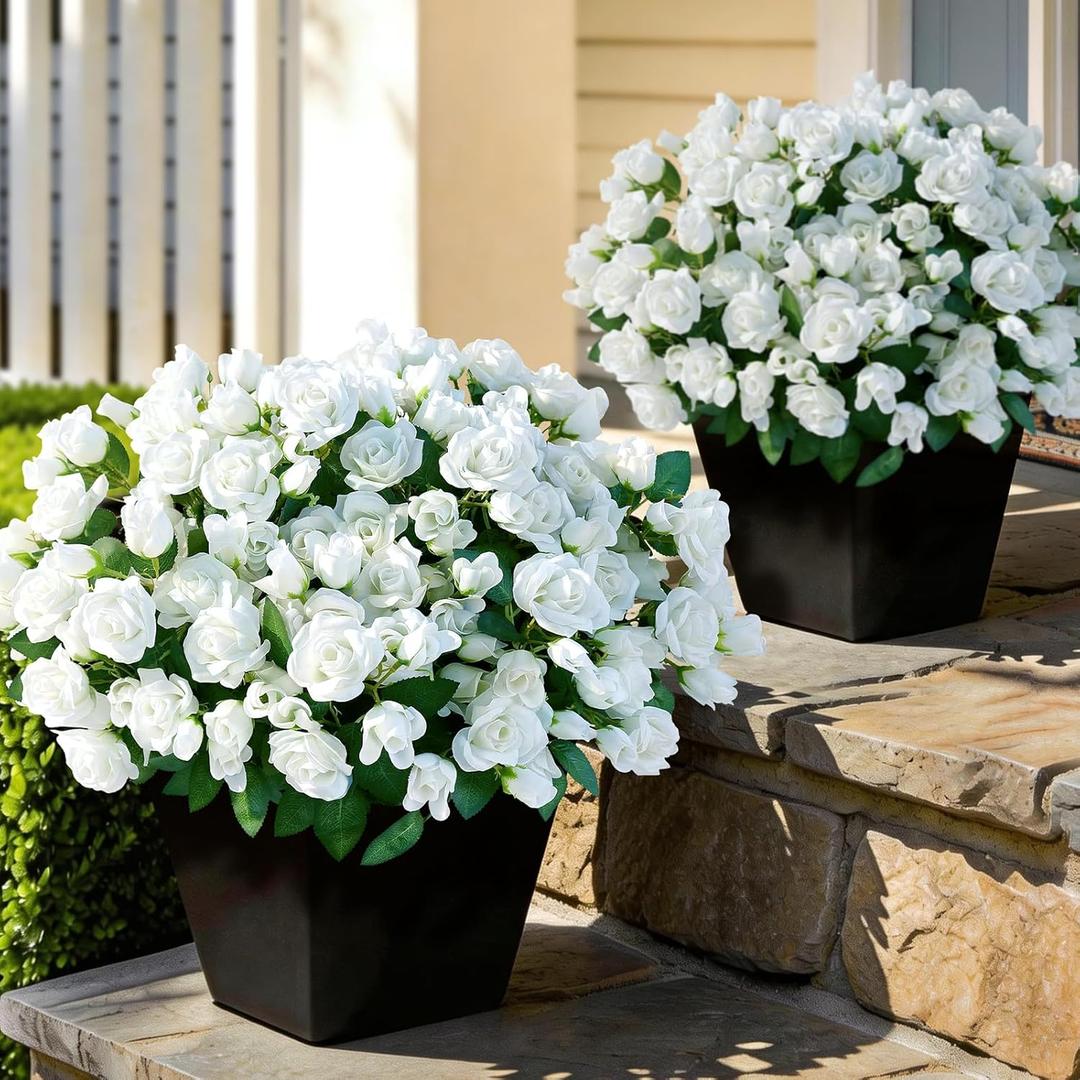 16 Bundles Artificial Roses for Front Door Outdoor Decor, Realistic Fake Silk Bouquets Flowers Faux UV Resistant Real Looking Rose Plants for Garden Balcony Farmhouse Home Spring Summer Decor (White)