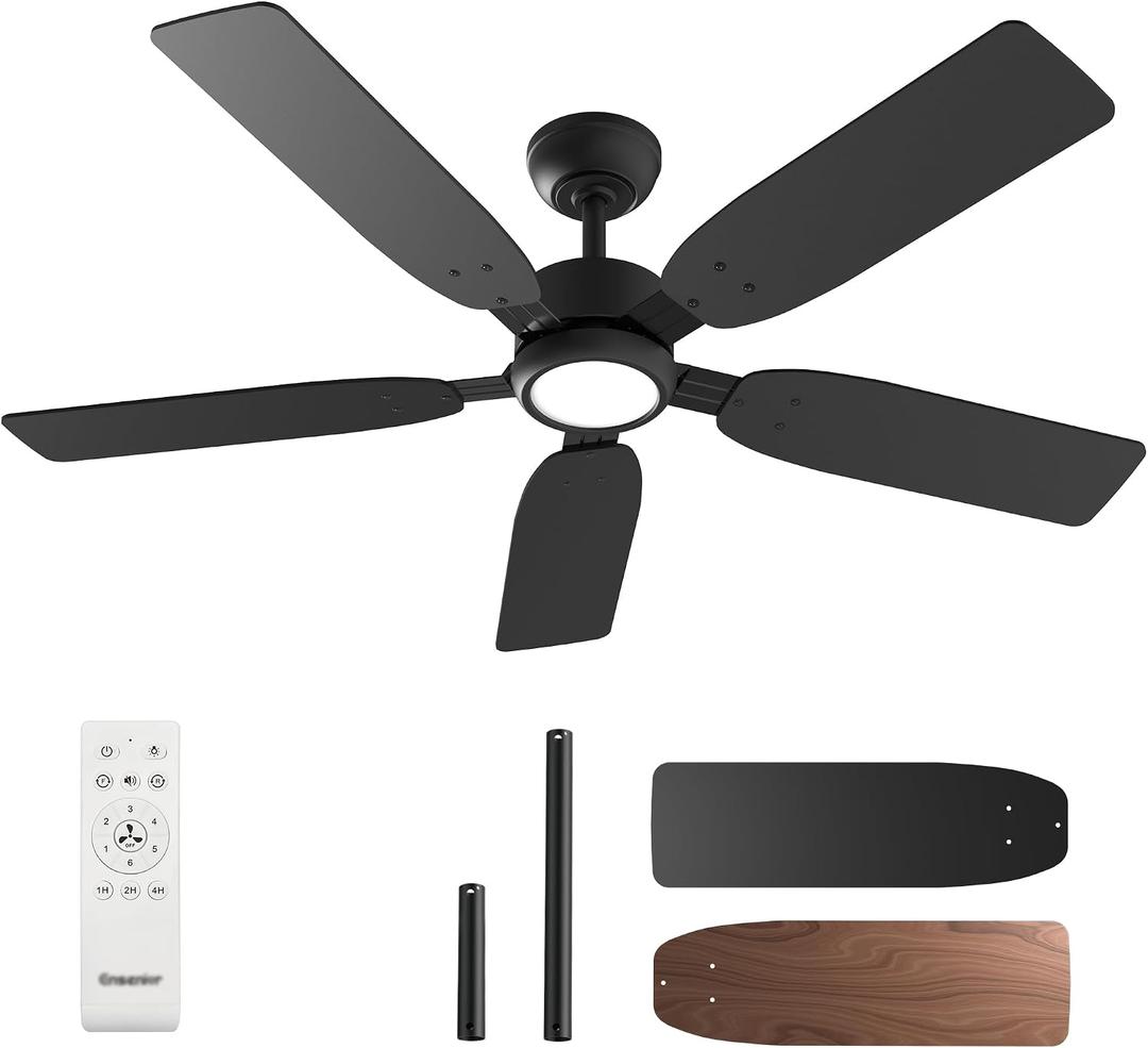 Ensenior 52 inch ceiling fan with light and remote, Noiseless Reversible DC Motor Fandelier Ceiling Fan, 6 Speeds, 3CCT, Black Modern Ceiling Fan for Bedroom and Living Room, 5 Dual-Finish Blades