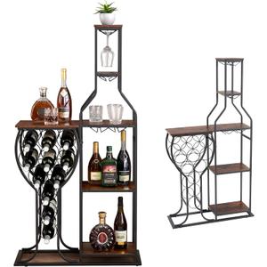 5-Tier Wine Rack Freestanding Floor, 11 Bottles Modern Wooden Wine Holder-Storage Cabinet for Home Bar, Kitchen, Dining Room Space Saving Bar Stand with Easy Assembly.(Brown) (Deep Red)