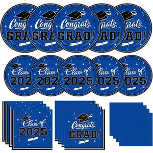 Graduation Party Plates and Napkins Gatherfun Graduation decorations 2025 Blue Disposable Paper Plates Luncheon Napkins Cocktail Napkins for Congrats Grad Party Decorations, Serve 50